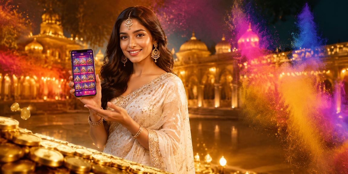 Festive Indian woman enjoying casino games on mobile outdoors